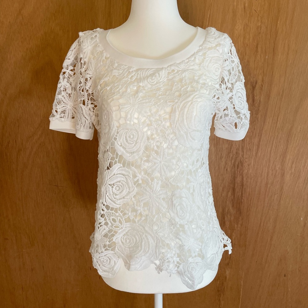 White, lace, floral, see through blouse, size M